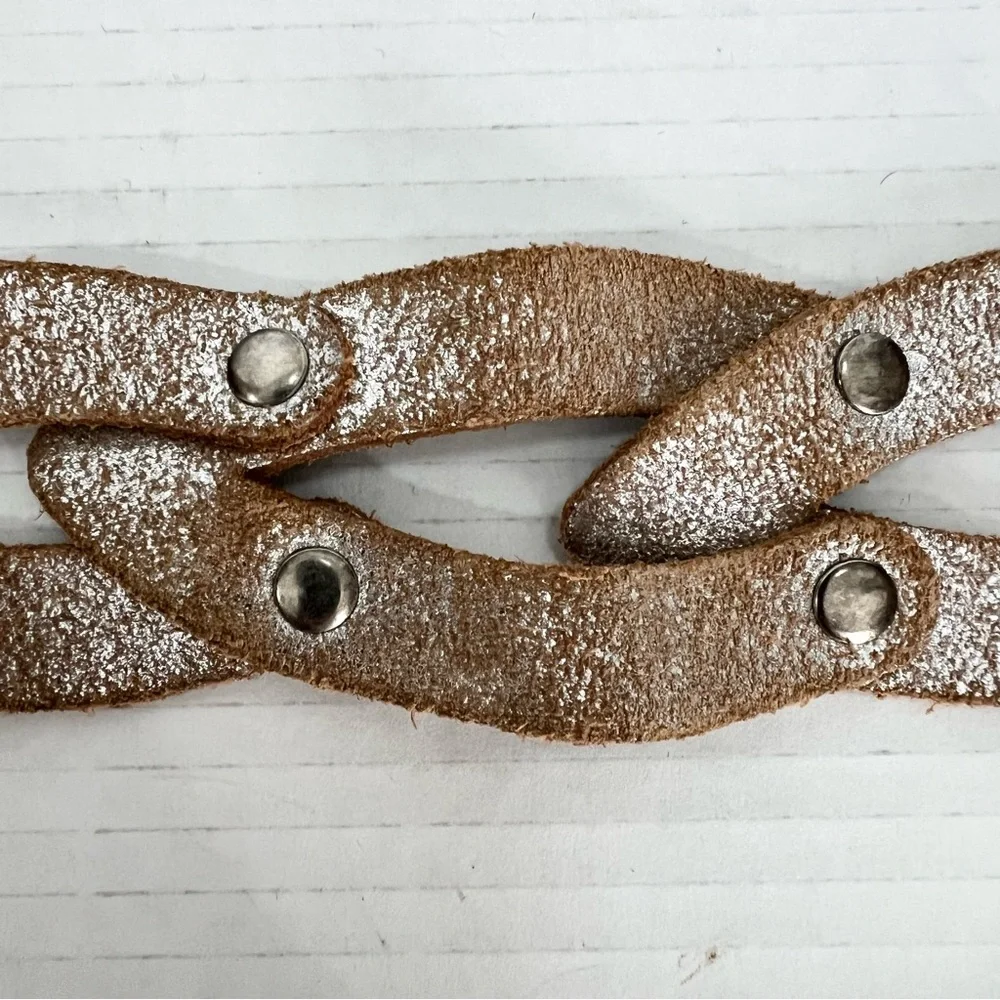 Metallic Distressed Leather Link O-Ring Braided Grommet Belt L Boho Y2K Festival